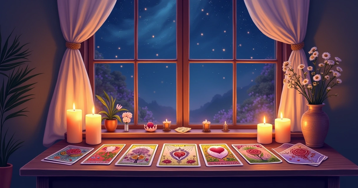 Ilustração de uma leitura de tarot em uma sala aconchegante com velas, cartas de tarot e uma janela estrelada.