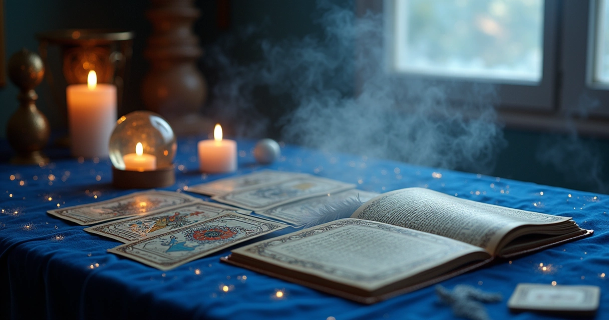 Mesa de tarô com cartas, cristal e velas em um ambiente místico e iluminado pela luz da lua.