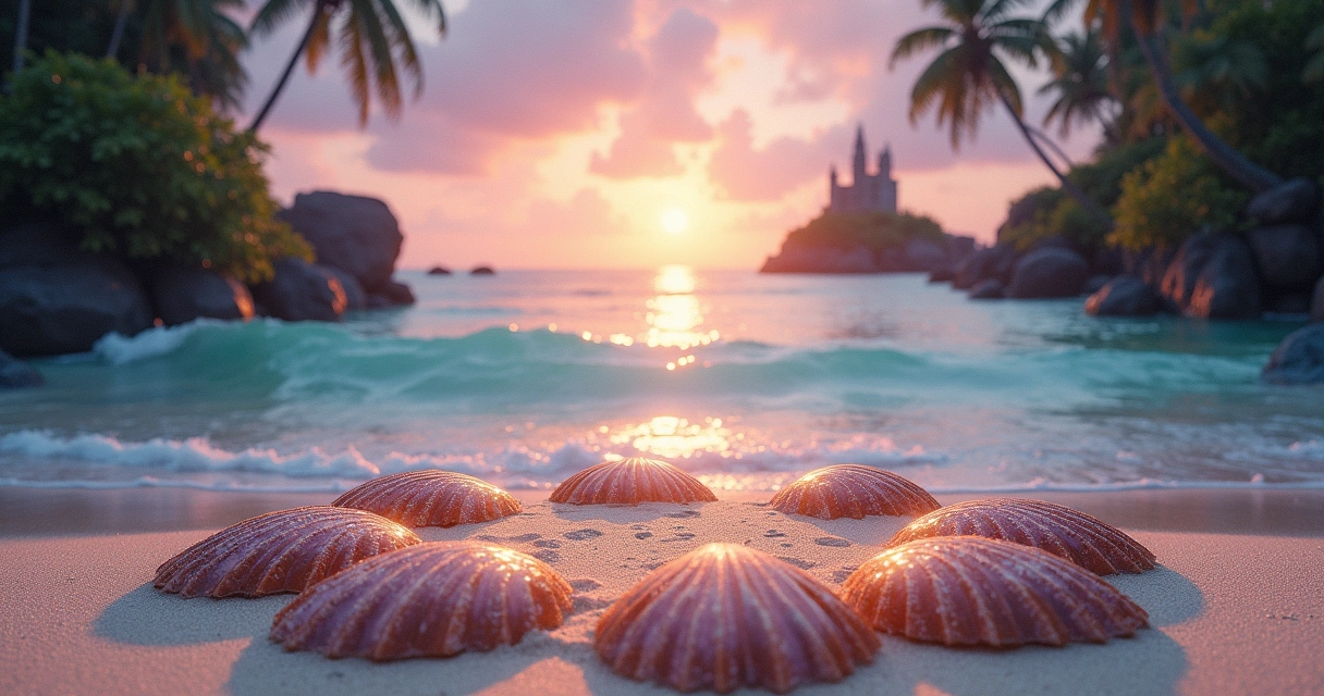 Praia serena ao entardecer com búzios e ondas suaves refletindo a luz do pôr do sol.