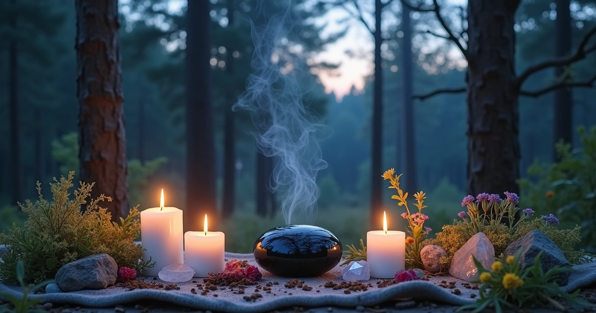 Um altar com velas brancas e cristais em uma clareira, sob a luz do luar na floresta.