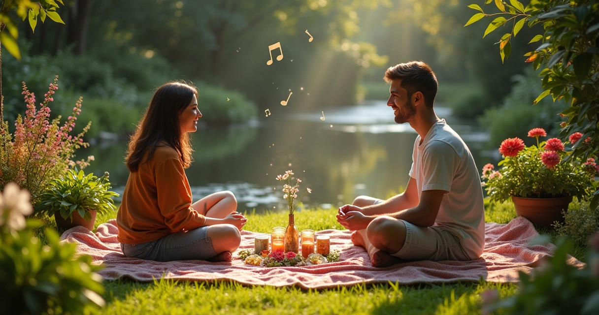 Um casal em um jardim, realizando um ritual de amor com flores, velas e um altar simples.