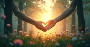 Casal de mãos dadas em uma floresta iluminada, cercado por entidades espirituais que simbolizam transformação.