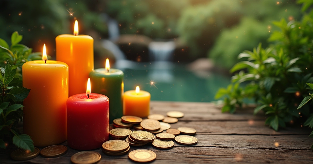 Altar with colorful candles, coins, and plants for rituals attracting money, glowing in warm tones.