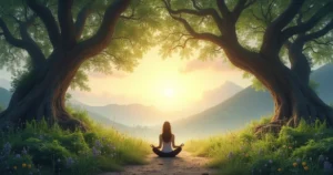 Caminho espiritual na floresta ao amanhecer com uma pessoa meditando.