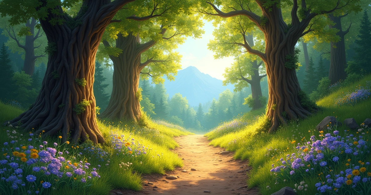 Caminho sereno na floresta iluminado por luz dourada, florido e cercado por árvores grandes.