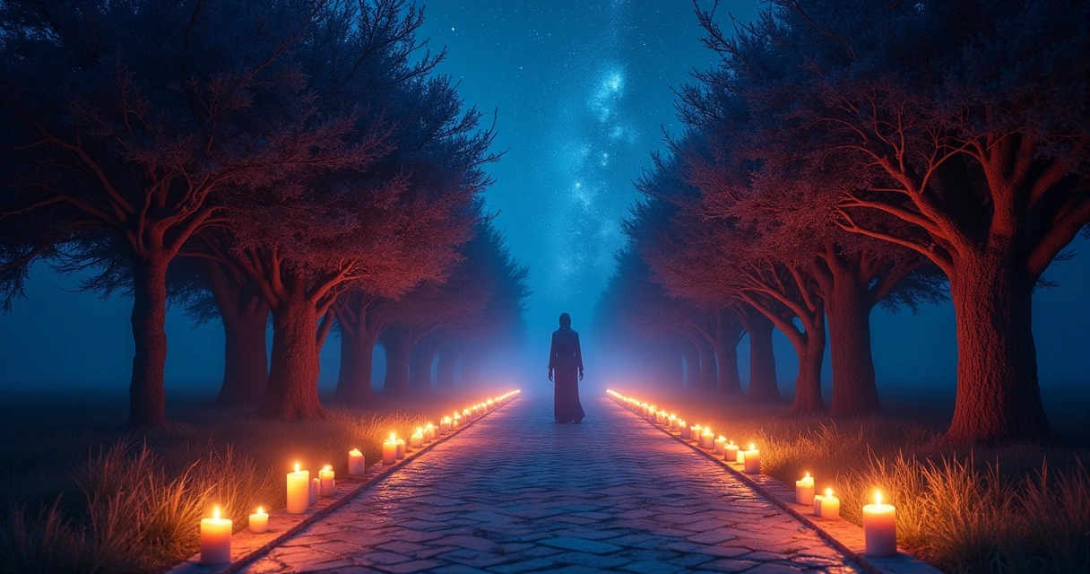 Caminho místico com cartas de tarô, altar e luz suave em uma floresta mágica à noite.