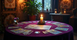 Cena de leitura de tarot, incluem cartas em uma mesa ornamentada e luz suave de velas.