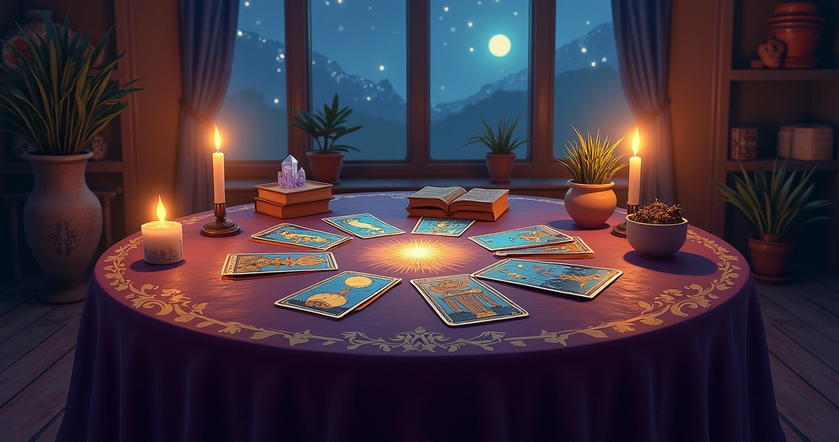 Cena de uma leitura de tarot com cartas, velas, e um céu estrelado ao fundo.