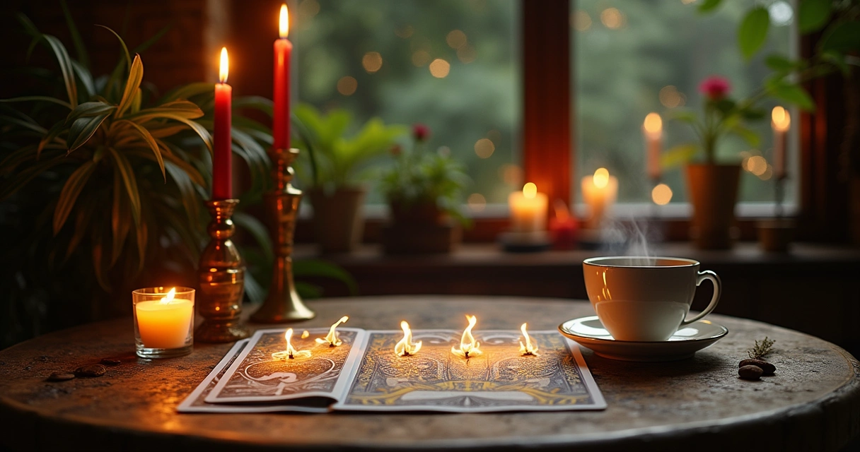 Baralho de tarot aberto em uma mesa com velas, cristais e plantas, criando uma atmosfera mística.