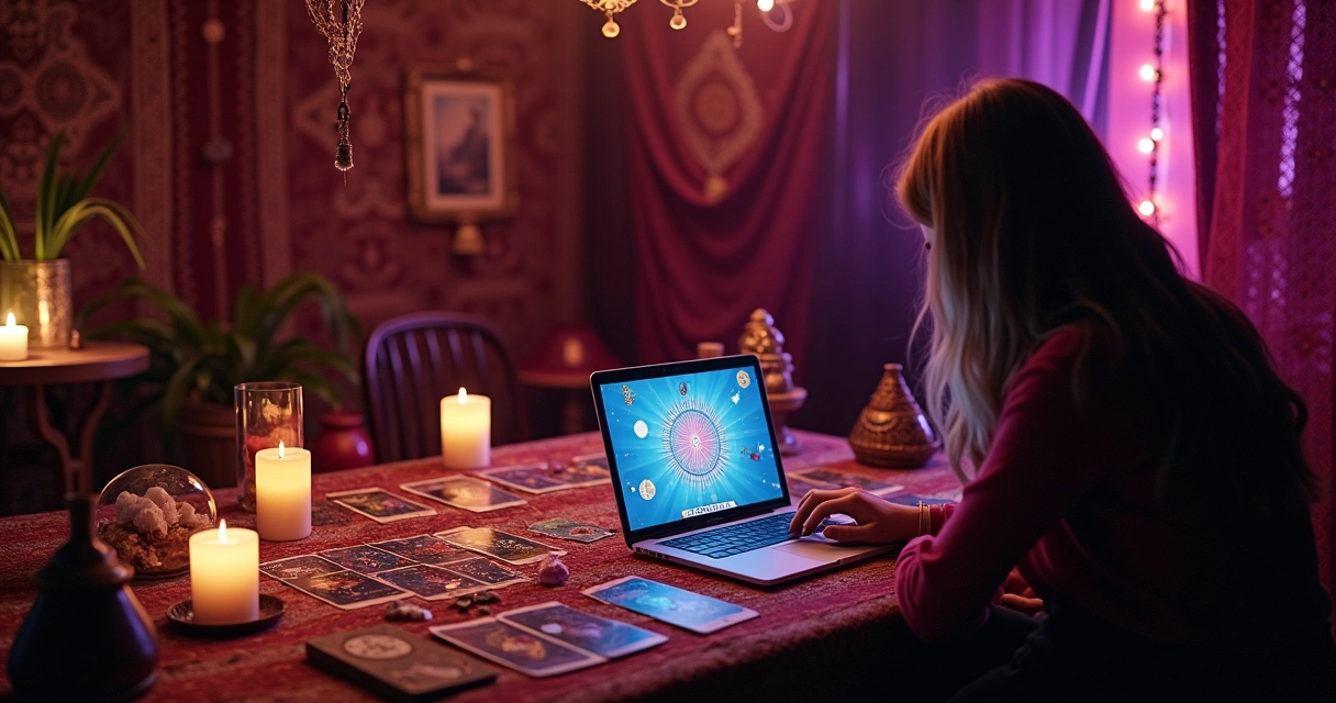 Leitura de tarot online com mesa mágica, cartas, cristais, velas, e computadores em um ambiente acolhedor.