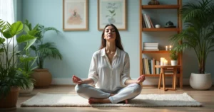 Espaço de meditação sereno com uma pessoa sentada em posição de lótus e plantas ao redor.