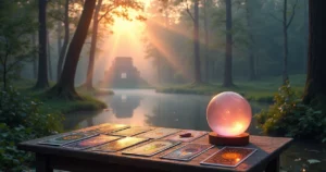 Floresta mística ao amanhecer com mesa de tarô, cartas iluminadas e orbe de cristal em um ambiente sereno.