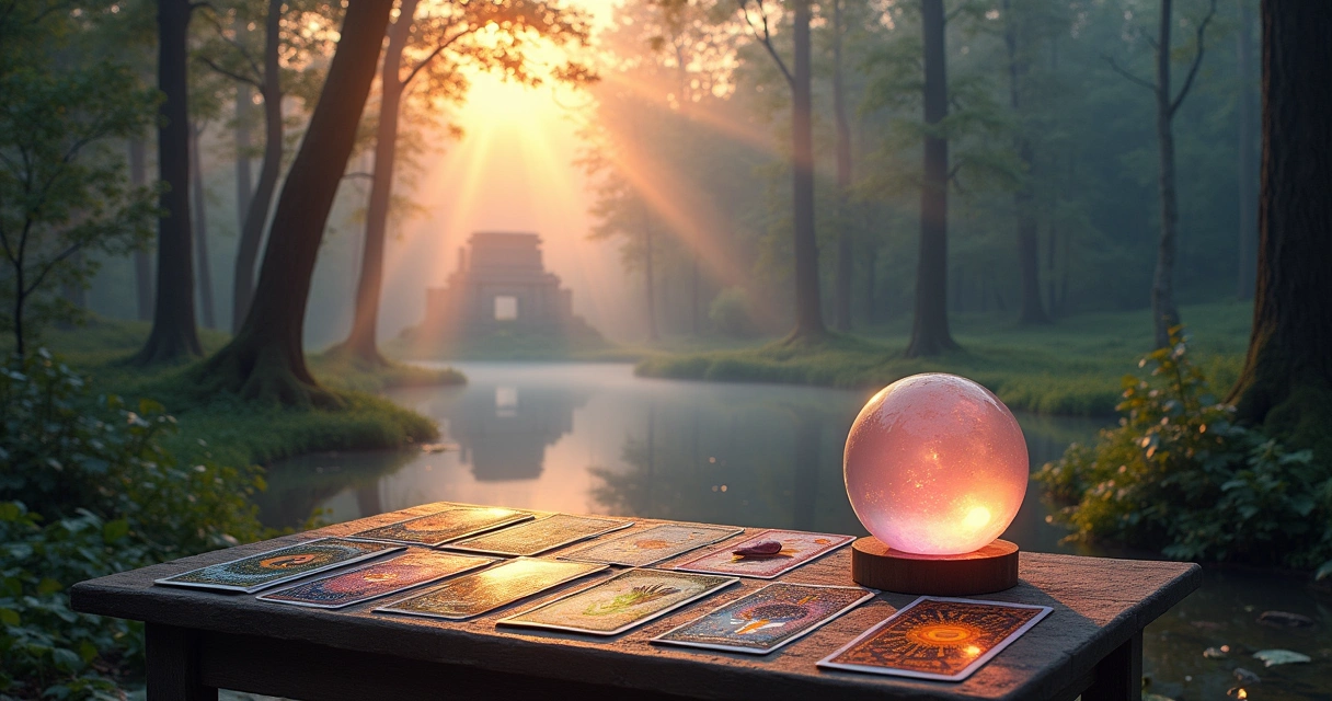 Floresta mística ao amanhecer com mesa de tarô, cartas iluminadas e orbe de cristal em um ambiente sereno.