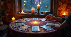 Leitura de tarô em um ambiente cozy com cartas de tarô, velas e um céu noturno.