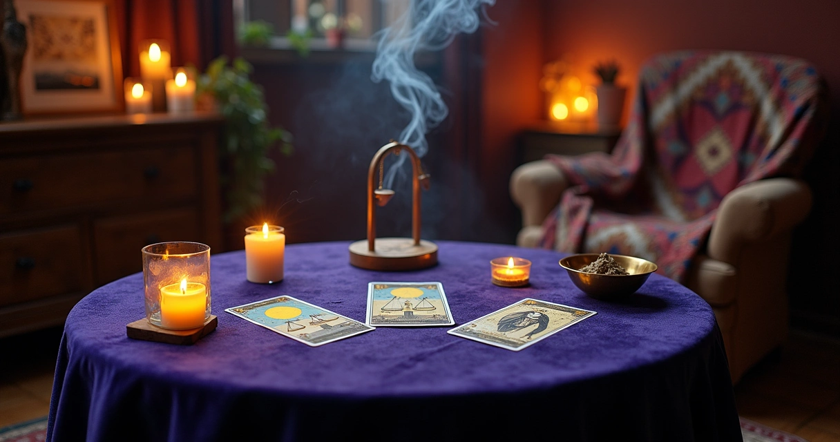 Uma cena mística de leitura de tarot com cartas, velas e incenso em um ambiente acolhedor.