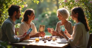 Grupo diversificado em um jardim, envolvidos em leitura de cartas de oráculo e autoconhecimento.