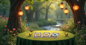 Leitura de tarô em uma floresta, mesa redonda com cartas de tarô e lanternas penduradas nas árvores.