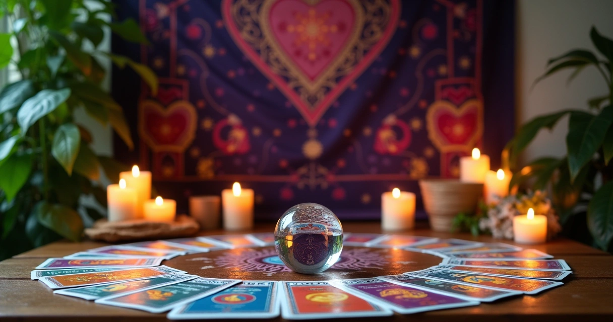 Configuração de leitura de tarot com cartas, velas e uma bola de cristal em um ambiente relaxante.