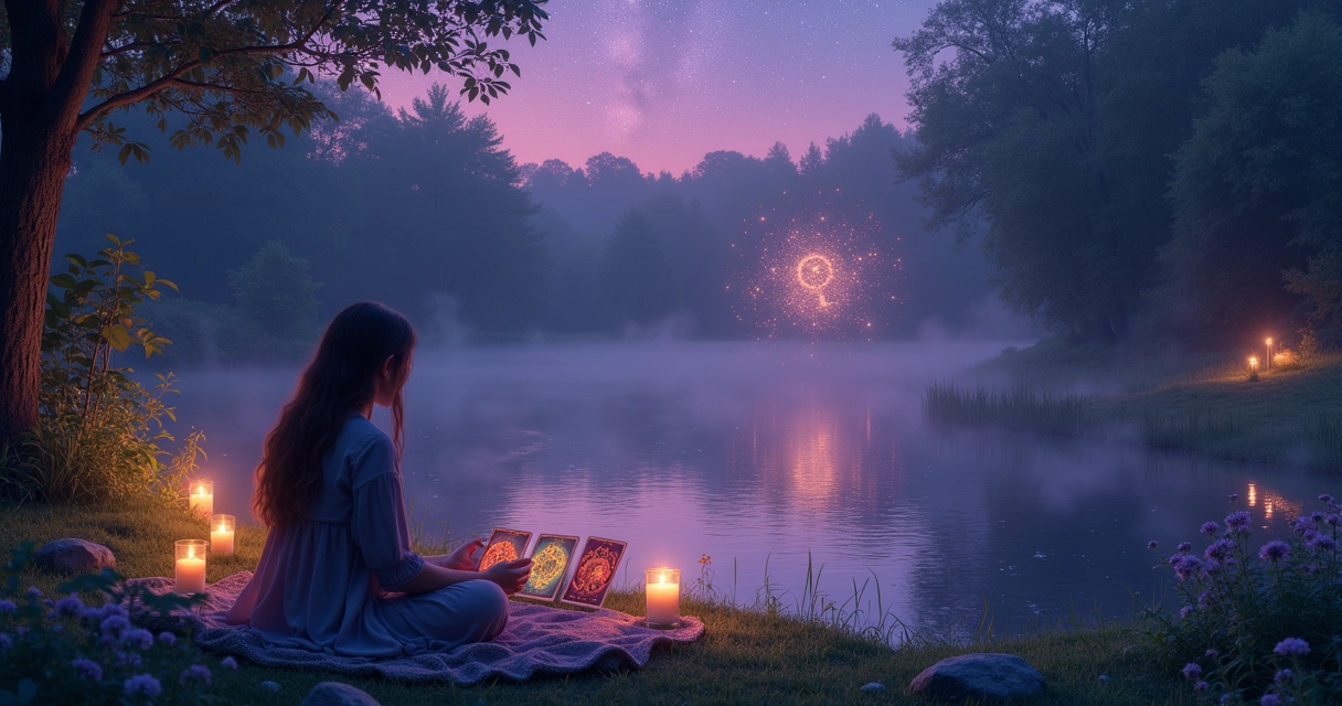Leitura de cartas de tarot à beira de um lago sob um céu estrelado, com velas acesas ao redor.