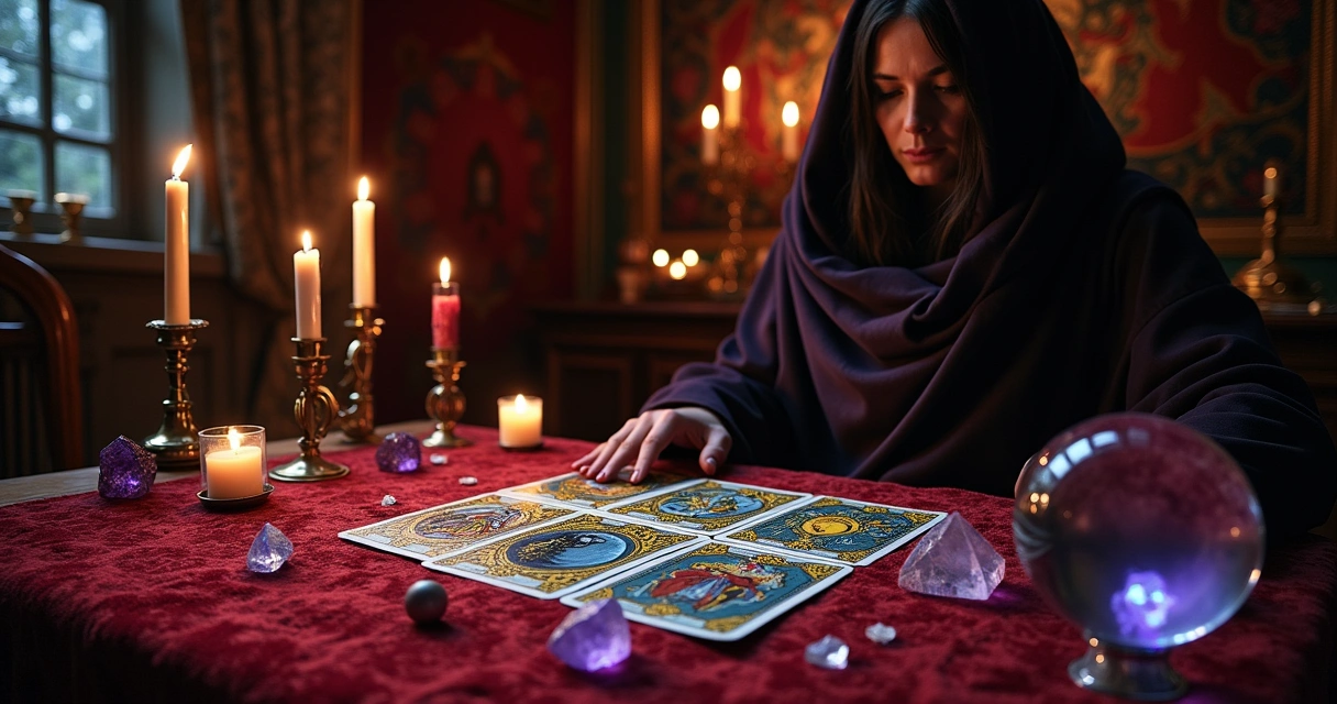 Uma cena mística de leitura de tarot, com cartas, velas e uma bola de cristal em uma mesa decorada.
