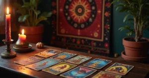 Cena mística de leitura de tarot com cartas coloridas, vela e tapeçaria celestial.