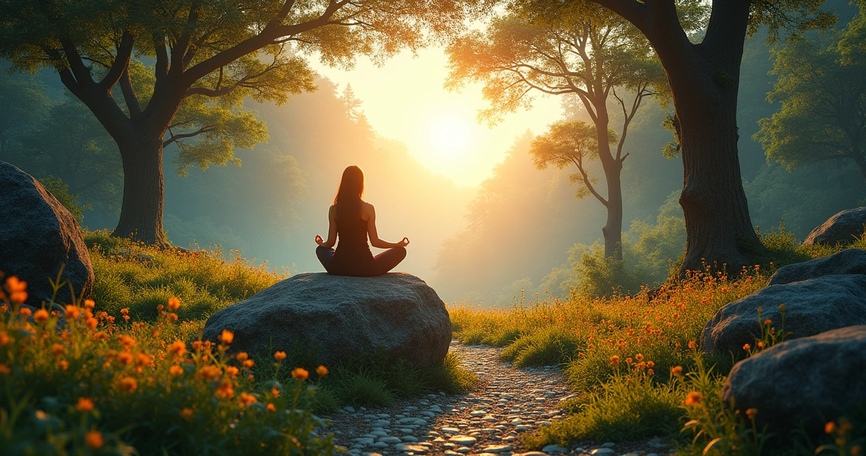 Cena de meditação em floresta com luz do sol poente e uma pessoa em paz sobre uma rocha.