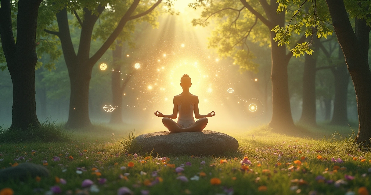 Figura de uma pessoa meditando em uma clareira de floresta, cercada por luzes etéreas e pétalas coloridas.