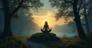 Uma figura meditando em uma clareira da floresta, cercada por luzes suaves e árvores antigas.