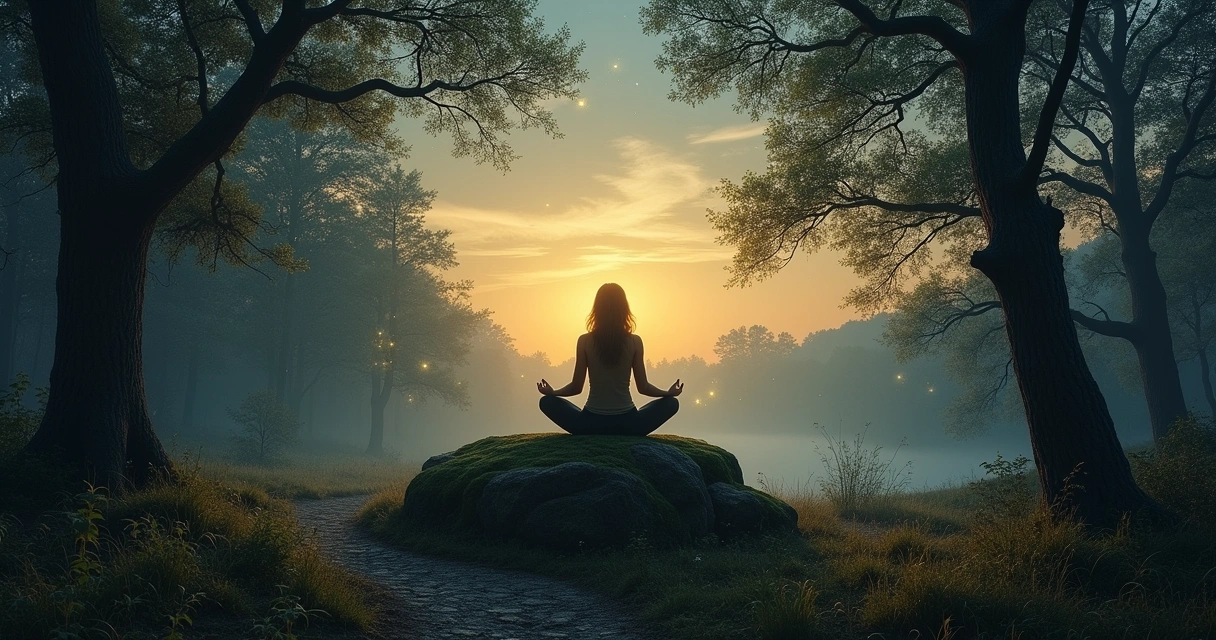 Uma figura meditando em uma clareira da floresta, cercada por luzes suaves e árvores antigas.