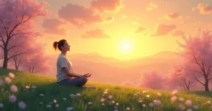Uma pessoa meditando em uma colina verde ao amanhecer, simbolizando confiança e intuição.