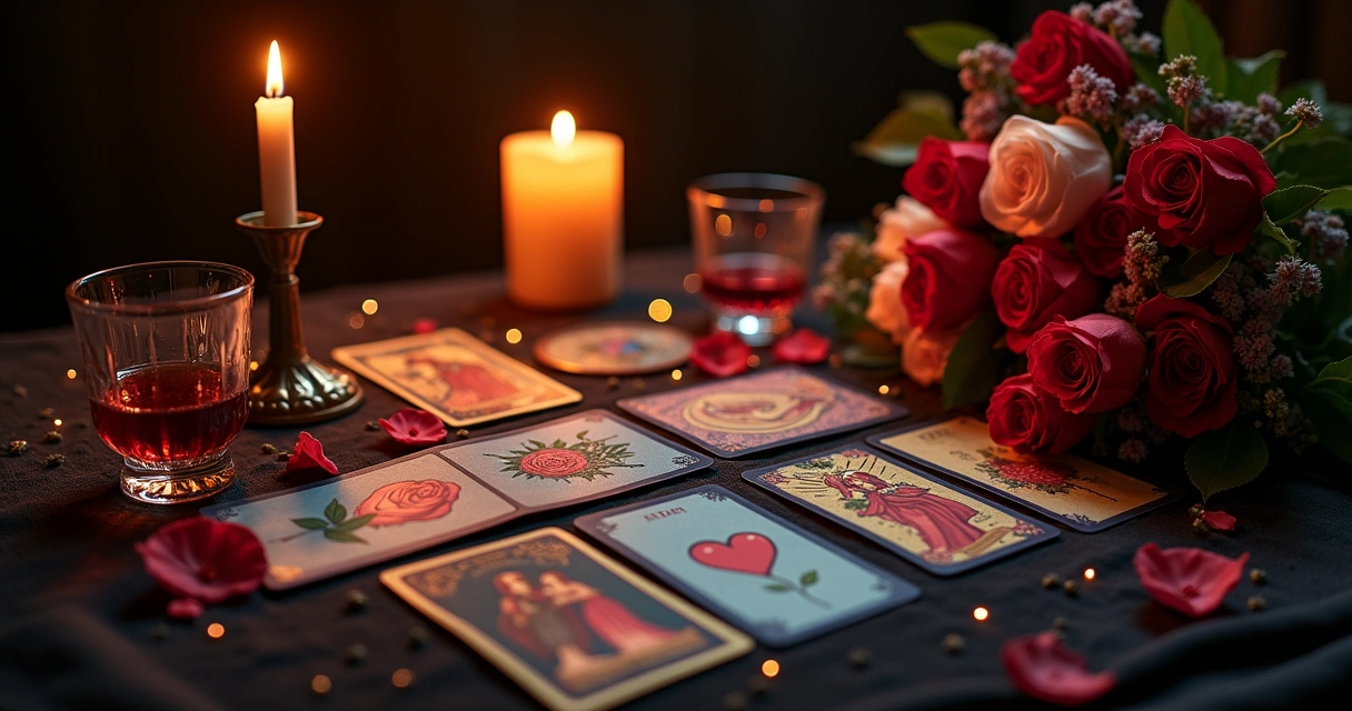 Uma mesa de tarot iluminada por velas com cartas, vinho tinto e flores místicas em um ambiente escuro.