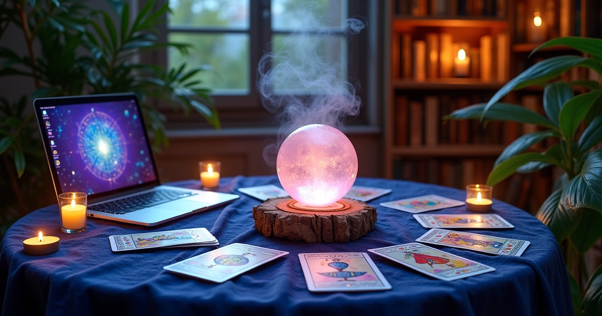 Uma mesa de tarot mística com cartas coloridas, bola de cristal e velas, além de um laptop e plantas ao fundo.