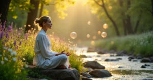 Mulher meditando em um bosque, cercada por orbes de luz e flores silvestres durante o pôr do sol.
