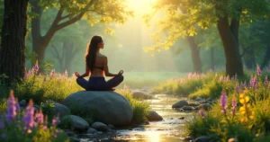 Mulher meditando em uma rocha em uma clareira de floresta serena com luz dourada do sol.