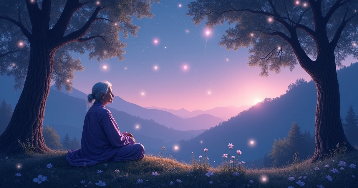 Uma mulher sábia medita em uma floresta tranquila ao anoitecer, cercada por orbes luminosos representando intuição.