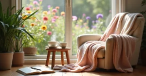 Espaço de leitura sereno com cadeira confortável, chá, diário e vista para jardim florido.