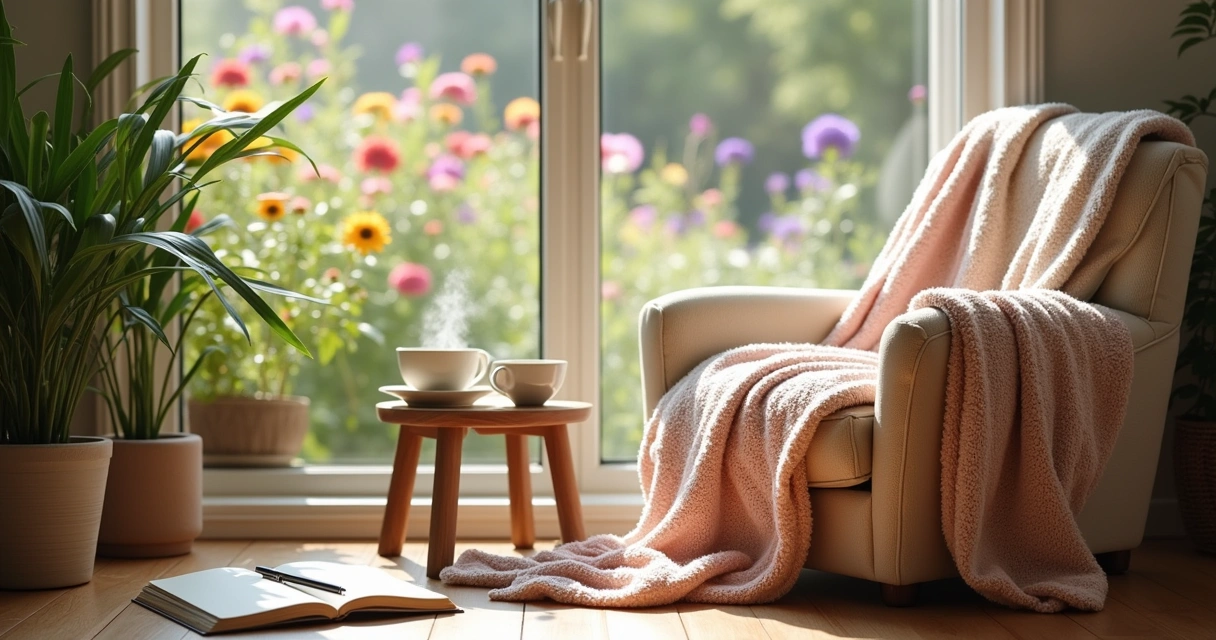 Espaço de leitura sereno com cadeira confortável, chá, diário e vista para jardim florido.