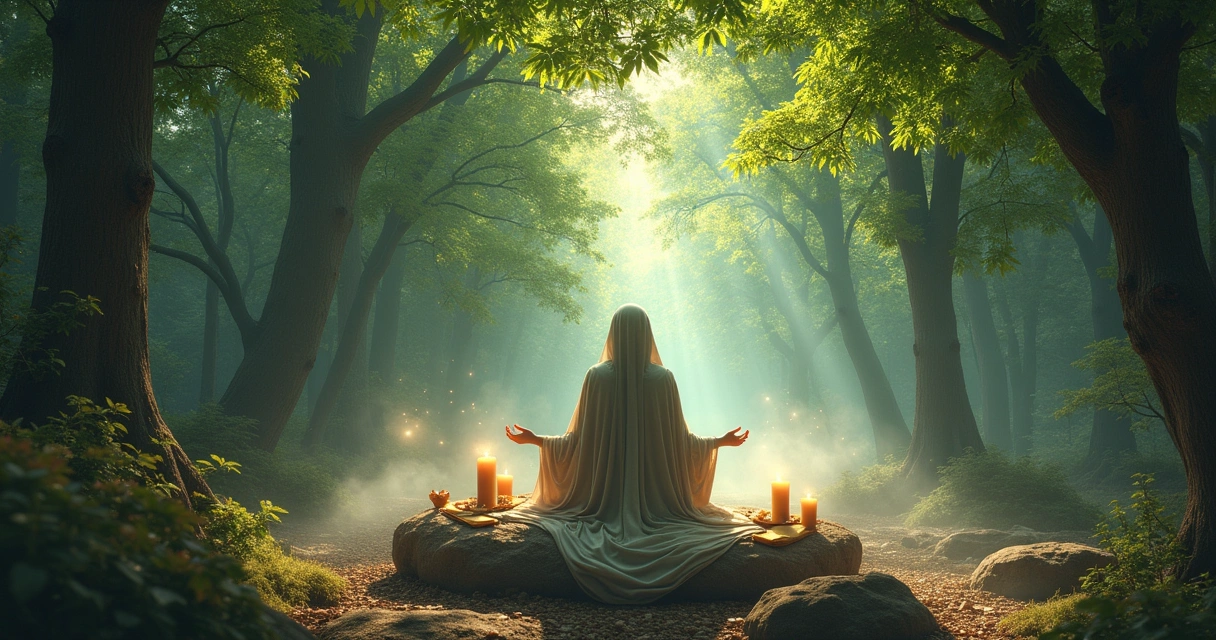 Uma cena mística de um oráculo em uma floresta tranquila, com luz suave e símbolos astrológicos.