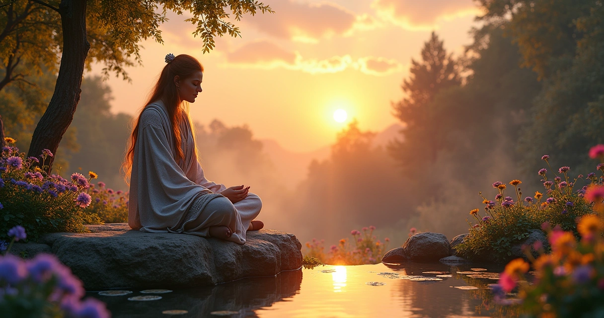 Oráculo meditando em um jardim tranquilo com tablets antigos e flores coloridas ao pôr do sol.