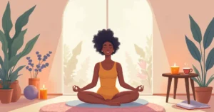 Ilustração de uma mulher meditando rodeada de velas, plantas e um ambiente sereno.
