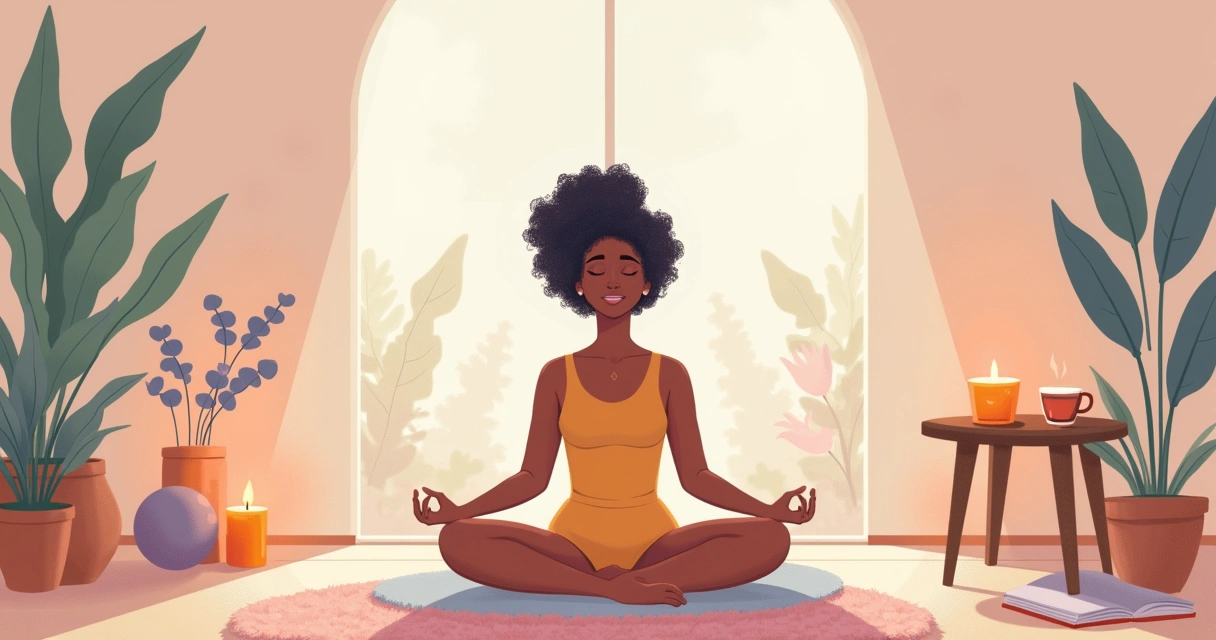 Ilustração de uma mulher meditando rodeada de velas, plantas e um ambiente sereno.