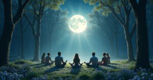 Grupo de pessoas meditando em um bosque iluminado pela lua cheia, envolto em uma atmosfera espiritual.