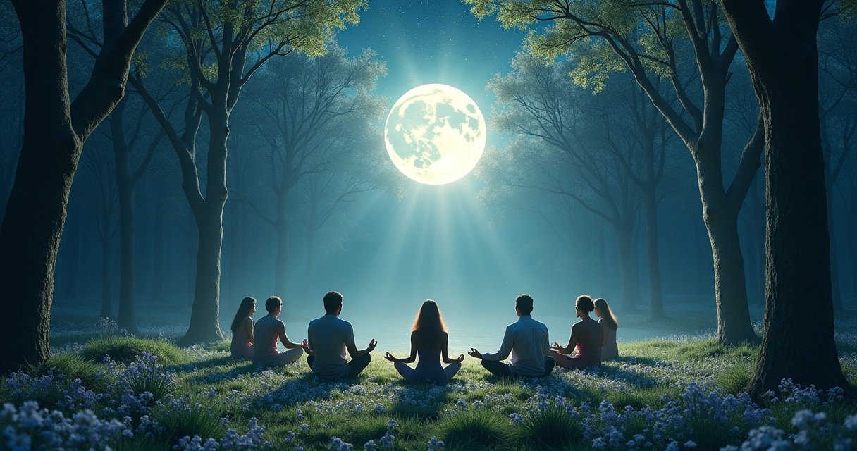 Grupo de pessoas meditando em um bosque iluminado pela lua cheia, envolto em uma atmosfera espiritual.