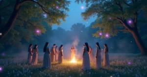 Grupo diverso em um ritual espiritual em uma clareira de floresta mágica ao anoitecer.