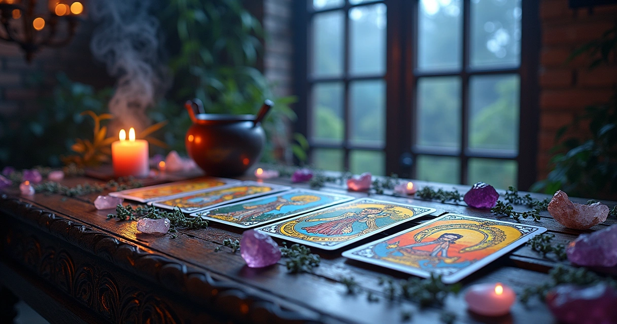 Ilustração de cartas de tarô dispostas sobre uma mesa de madeira, com ervas e cristais em um ambiente místico.
