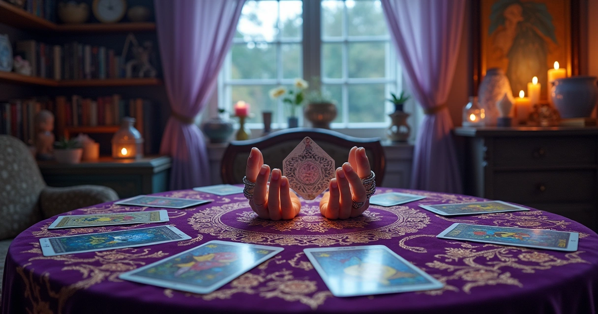 Cena mística de leitura de tarot com mesa revestida de veludo roxo e cartas antigas dispersas.