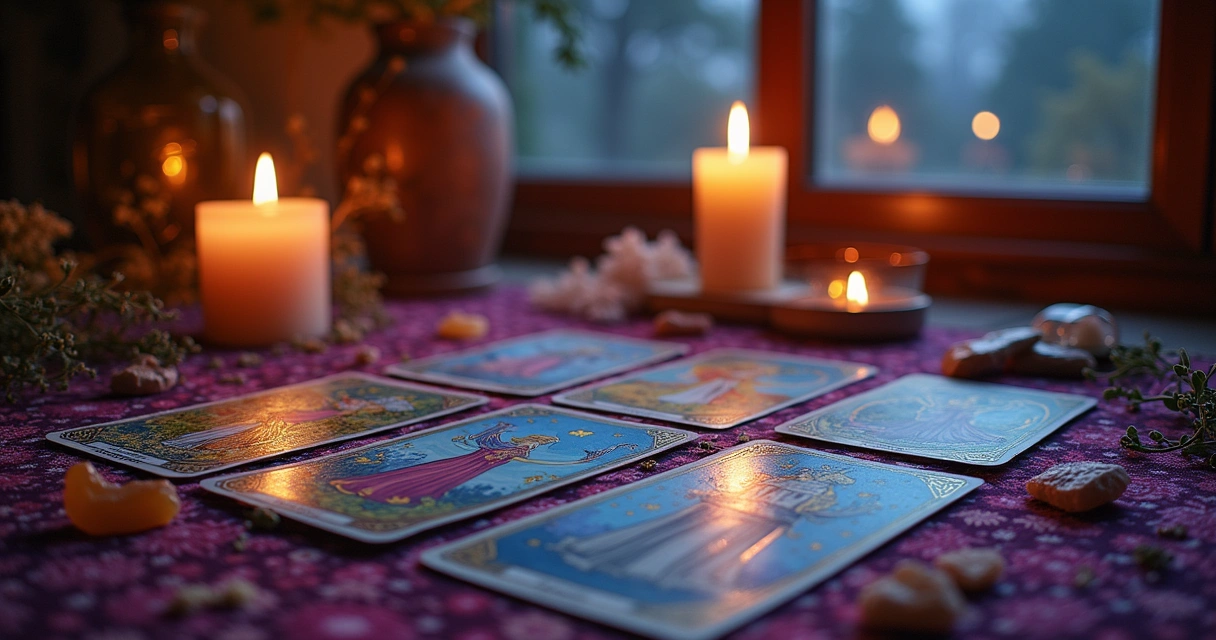 Cartas de Tarot dispostas em uma mesa com velas, cristais e um ambiente místico.