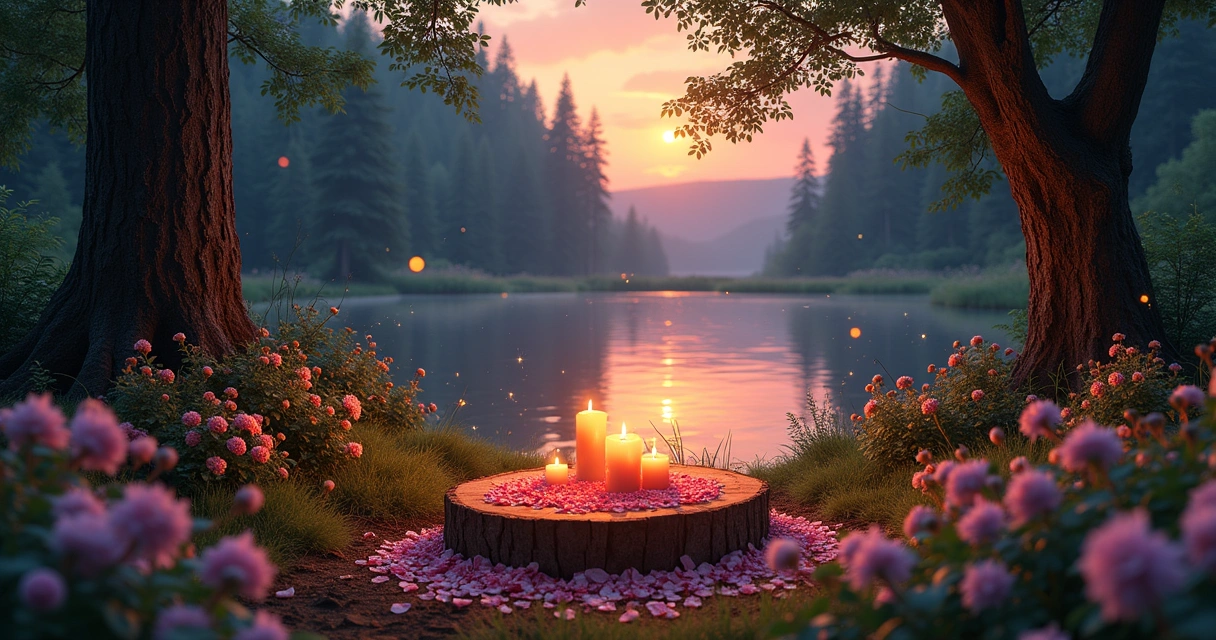Altar in a forest clearing during twilight, candles, wildflowers, and a reflective lake in the background.