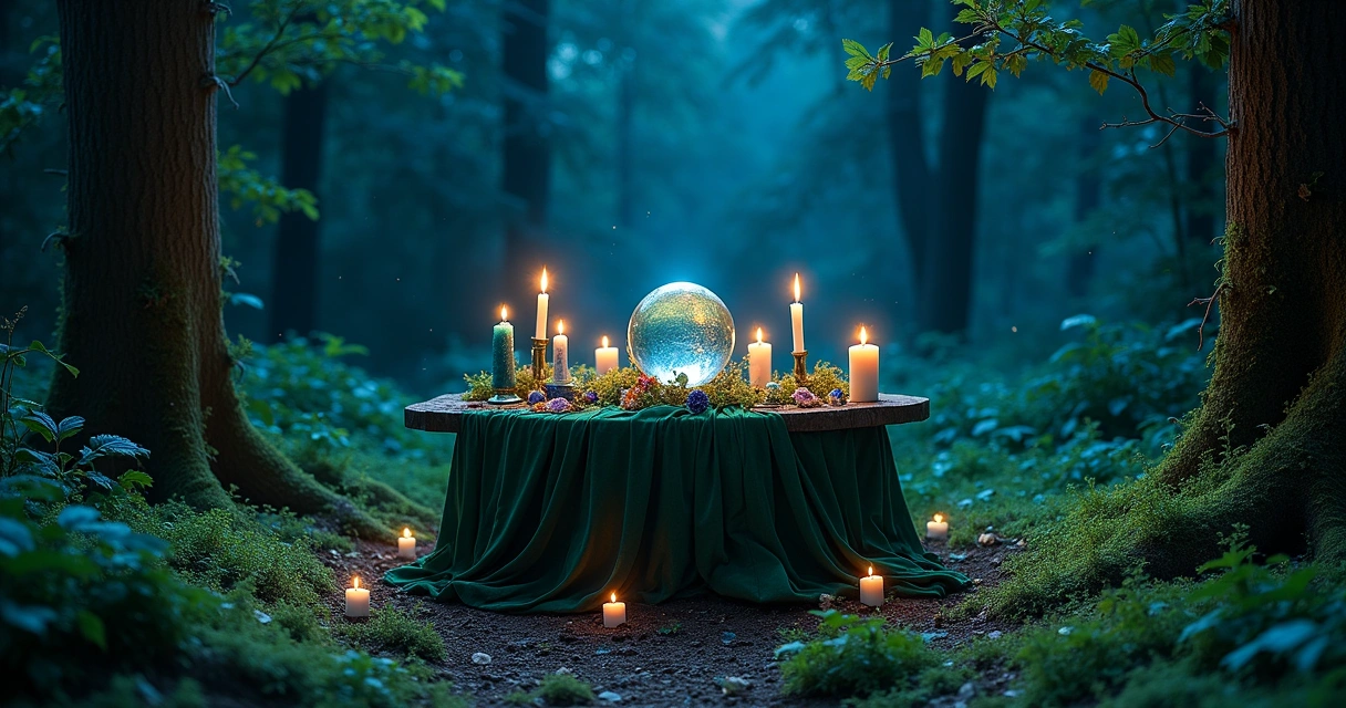 Altar de uma bruxa em uma clareira de floresta com mesa rústica, velas e uma bola de cristal sob um céu estrelado.