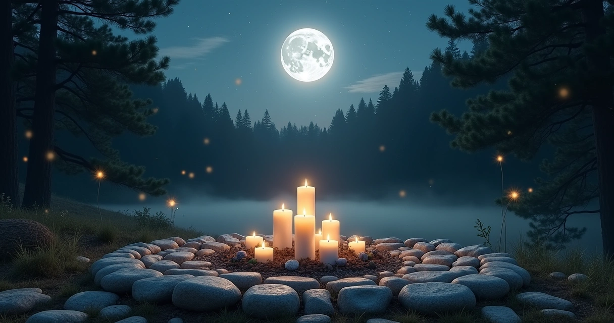 Altar with stones, candles, and herbs in a moonlit forest clearing, illuminated by a full moon.